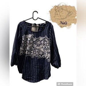 Navy Blue and White Pinstripe and Lace Blouse Size Small